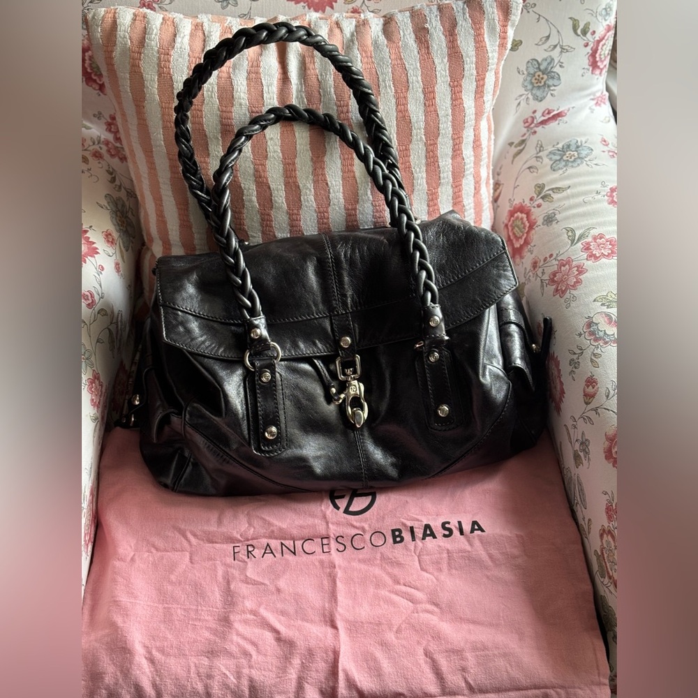 Francesco Biasia Black Leather Satchel with Silver Hardware